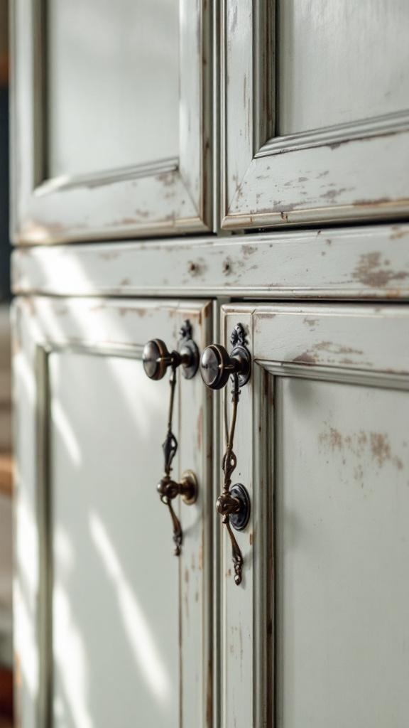 Close-up of vintage cabinet hardware on a distressed cabinet