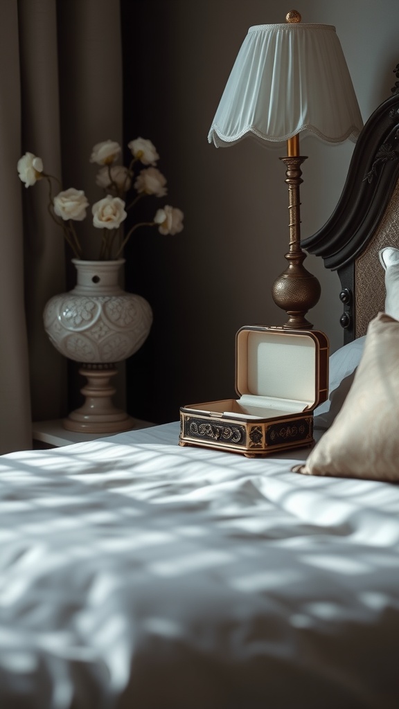 A vintage jewelry box on a bed with a lamp and flowers in the background.