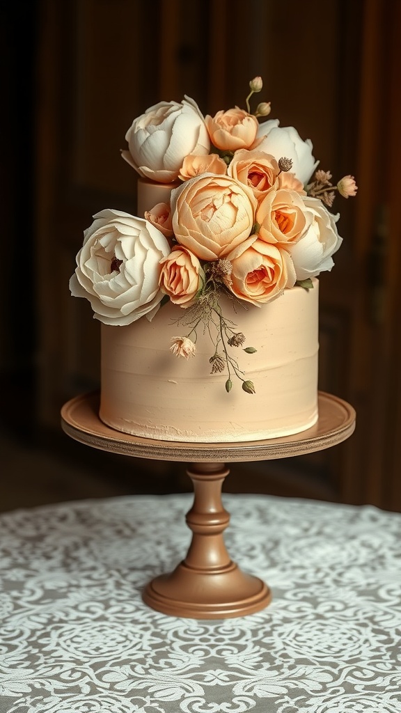 A vintage khaki wedding cake adorned with dried peonies on a decorative stand.