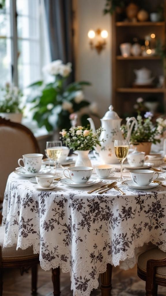 A beautifully set table with a vintage lace tablecloth, fine china, and floral arrangements.