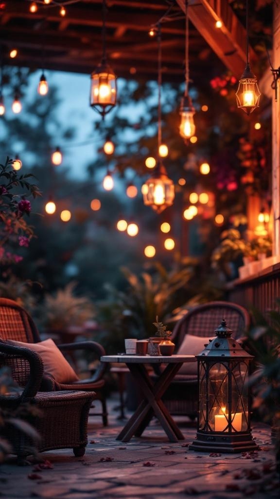 Cozy outdoor patio with vintage lanterns and warm lighting.