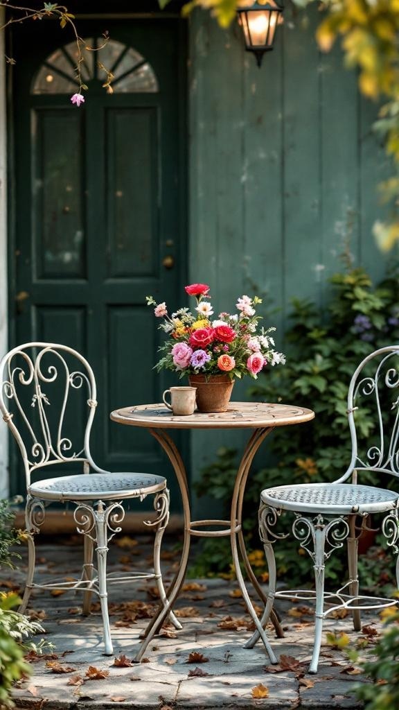 A cozy outdoor patio setup featuring vintage metal garden chairs and a table with flowers.