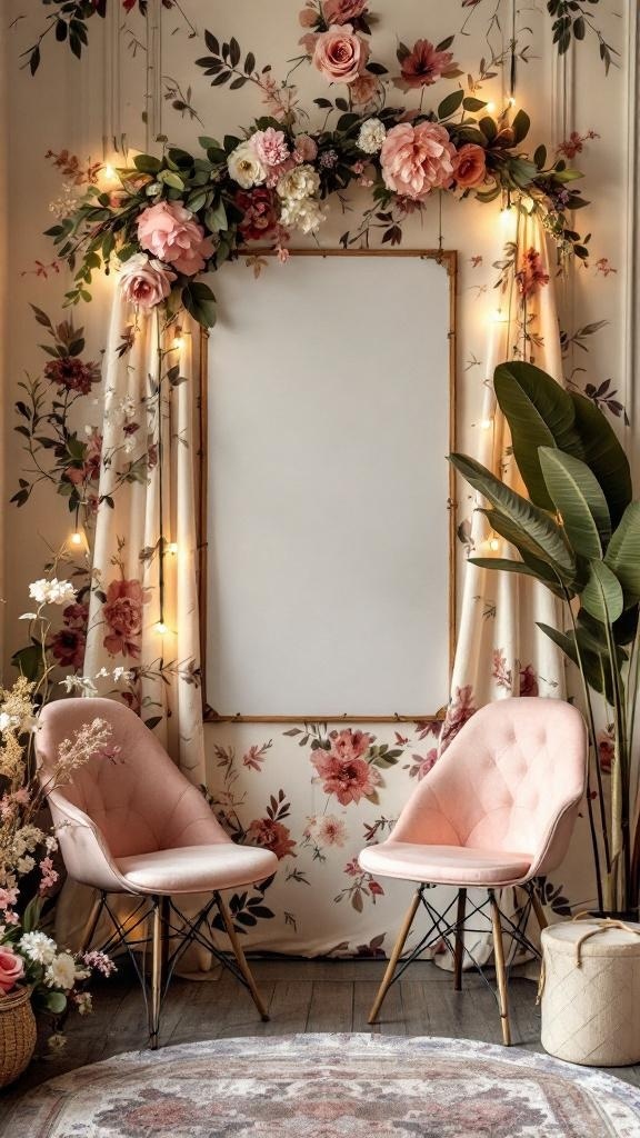A vintage photo booth corner with pink chairs, floral backdrop, and fairy lights.