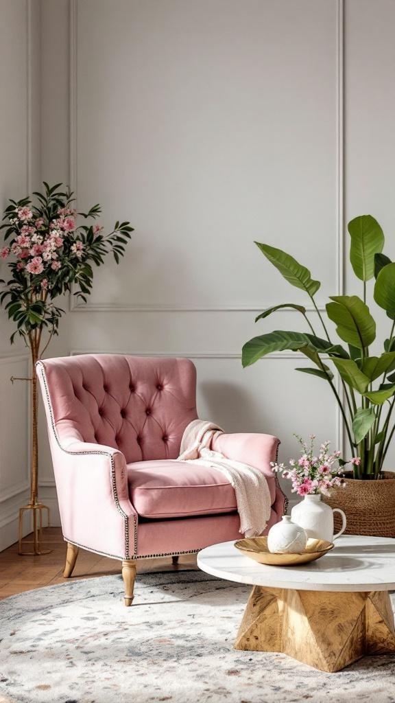 A vintage pink accent chair with a cozy throw, surrounded by plants and a coffee table.