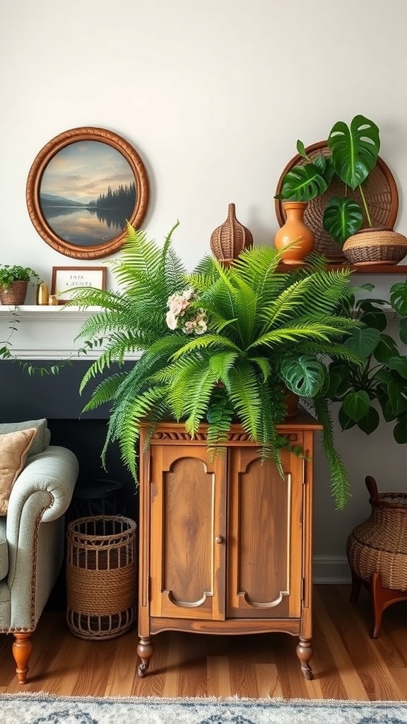 A vintage plant stand with ferns in a cozy living room setting.