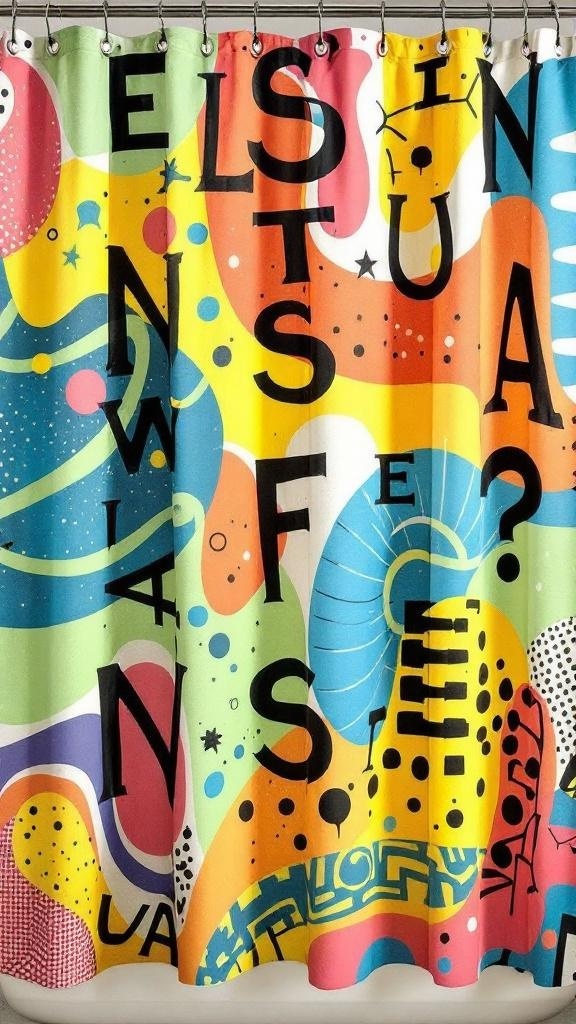 A colorful vintage shower curtain with abstract patterns and letters.