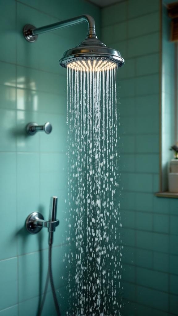 A vintage shower head with water flowing in a retro-style bathroom.