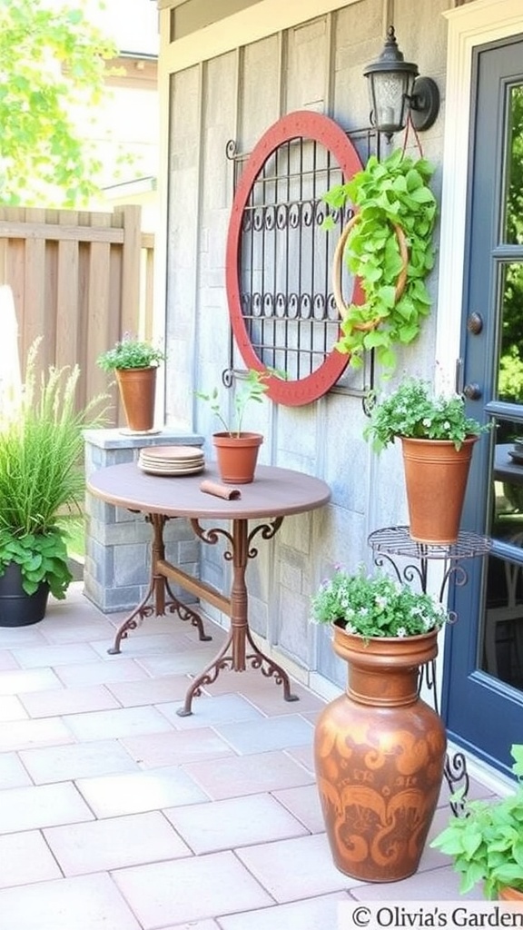 A cozy patio with vintage signs and a small table surrounded by plants.