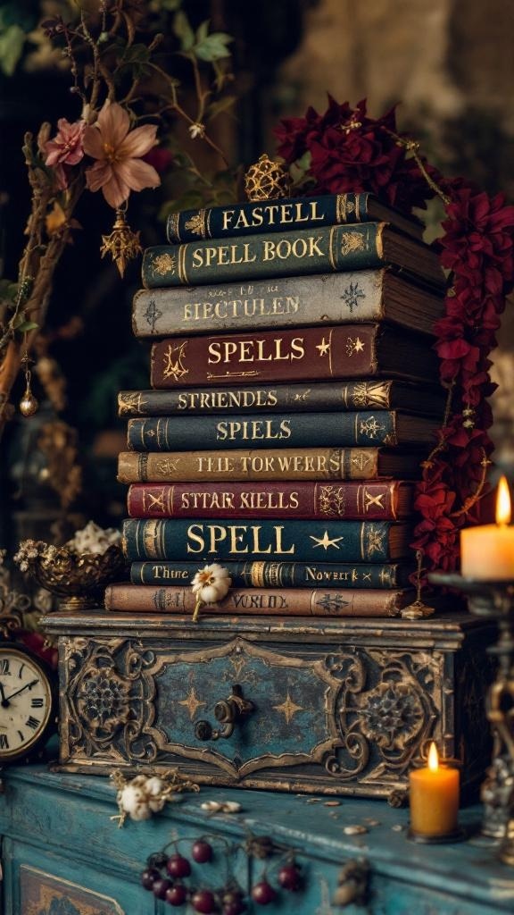 A collection of vintage spell books stacked with decorative elements.