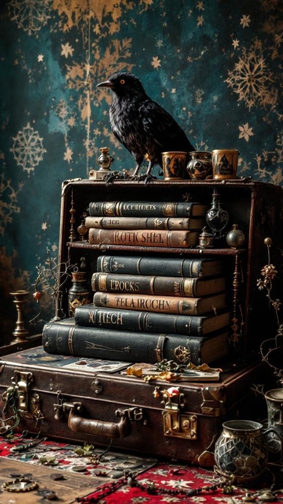A vintage suitcase stacked with old books and a decorative crow on top.