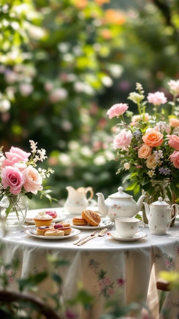 A beautifully arranged vintage tea set with flowers and pastries on a table in a garden.