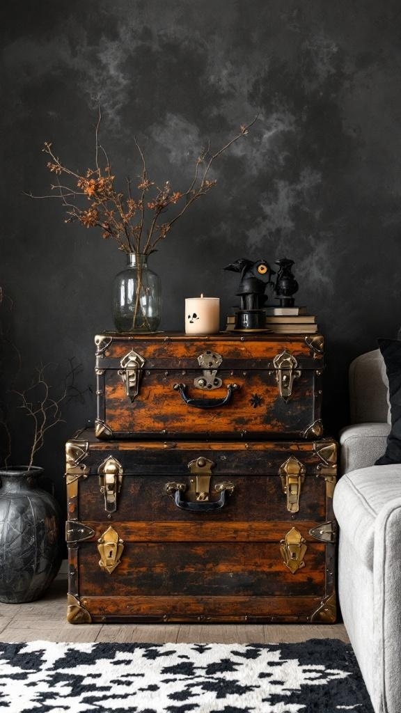 Vintage trunks stacked in a living room with decorative items on top
