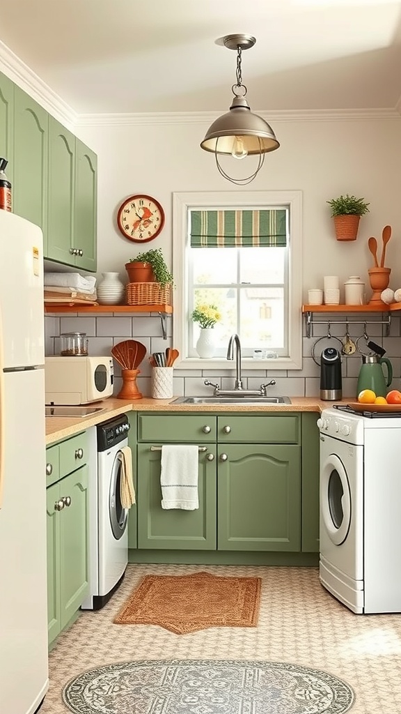 A cozy kitchen featuring sage green cabinets, wooden accents, and vintage decor.