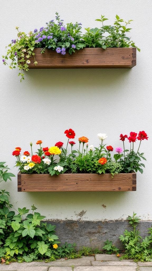 Wooden wall-mounted planter boxes filled with colorful flowers against a white wall.