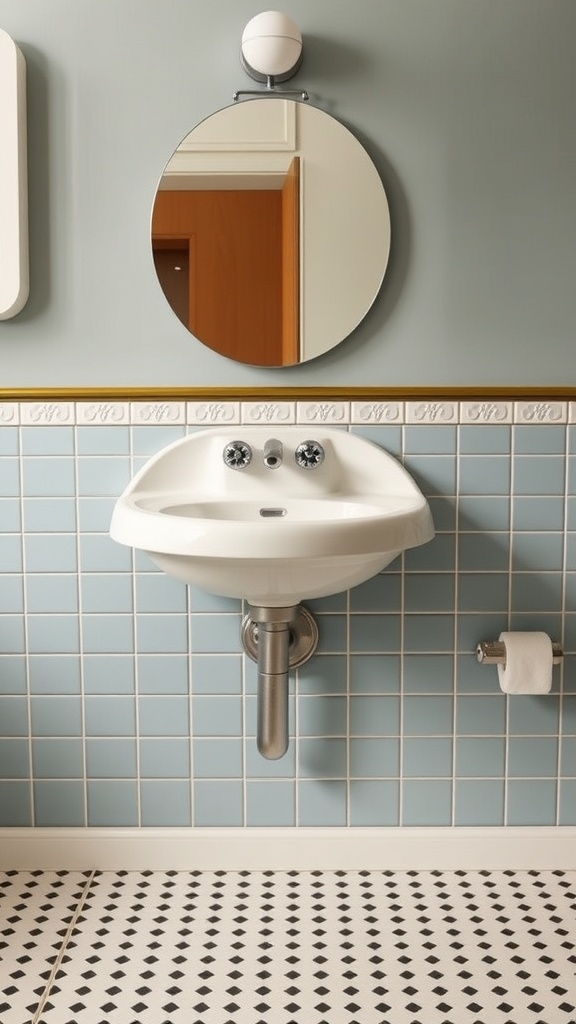 A wall-mounted sink with a curvy design in a retro-styled bathroom.