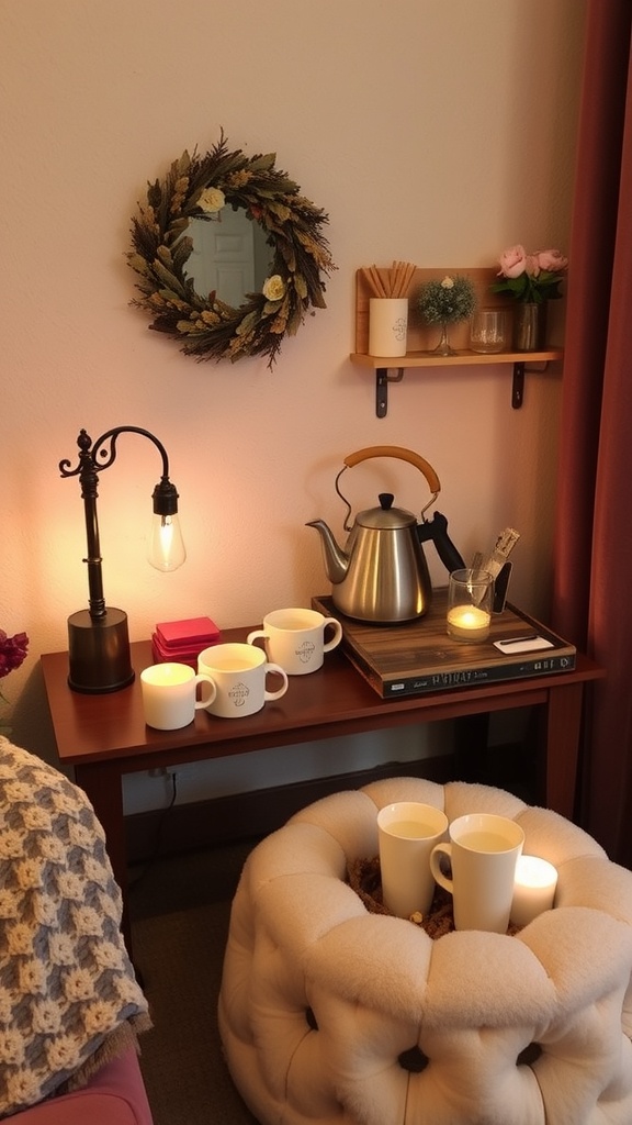 A cozy warm beverage station with mugs, a kettle, and a candle.