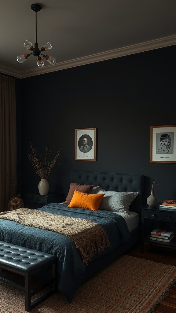 Cozy black bedroom with warm color accents