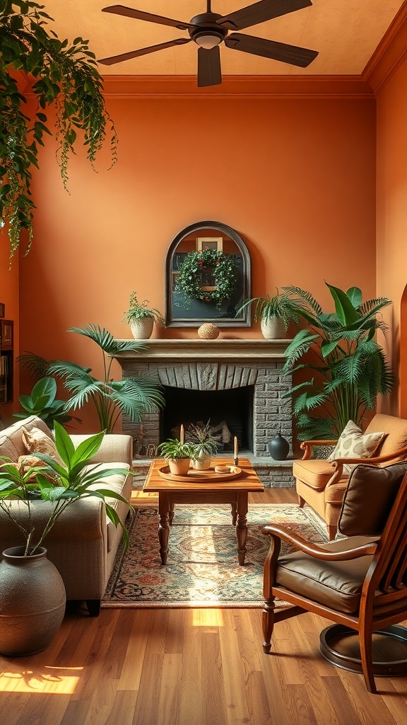 Cozy living room with warm earthy tones and various plants.