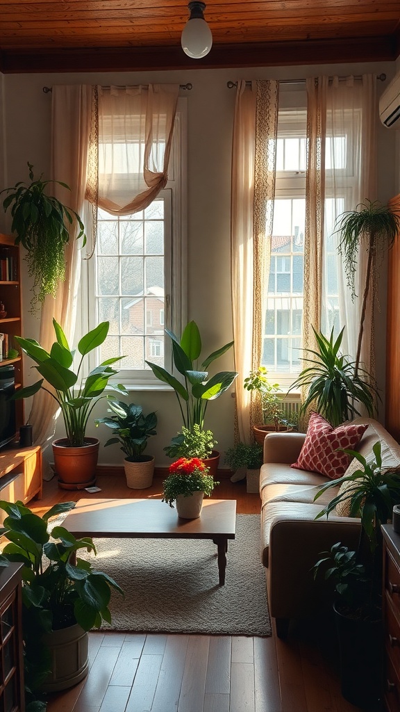 Cozy living room with warm lighting and various plants