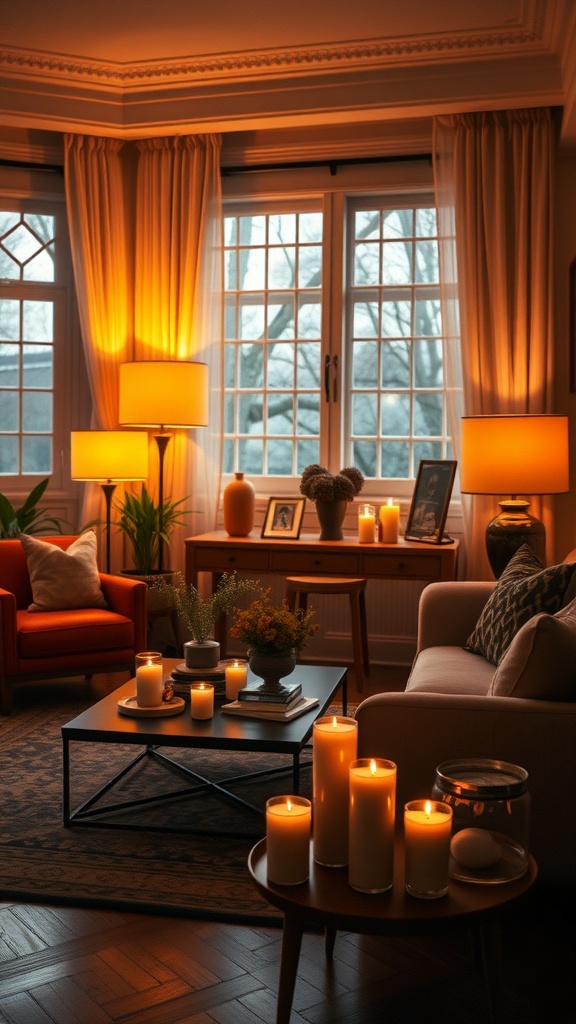 Cozy living room with warm lighting fixtures and candles.