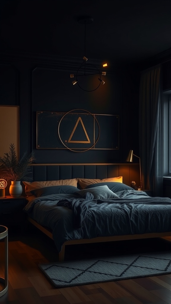 Cozy black and gold bedroom with warm lighting