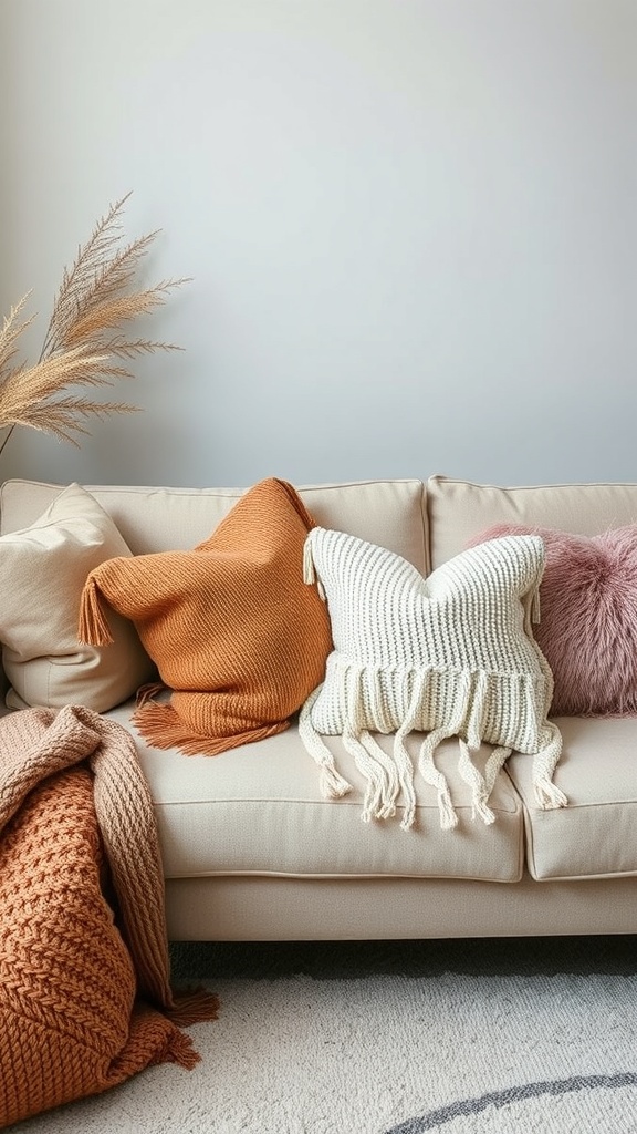 A cozy living room with warm throw pillows in earthy tones on a beige couch.