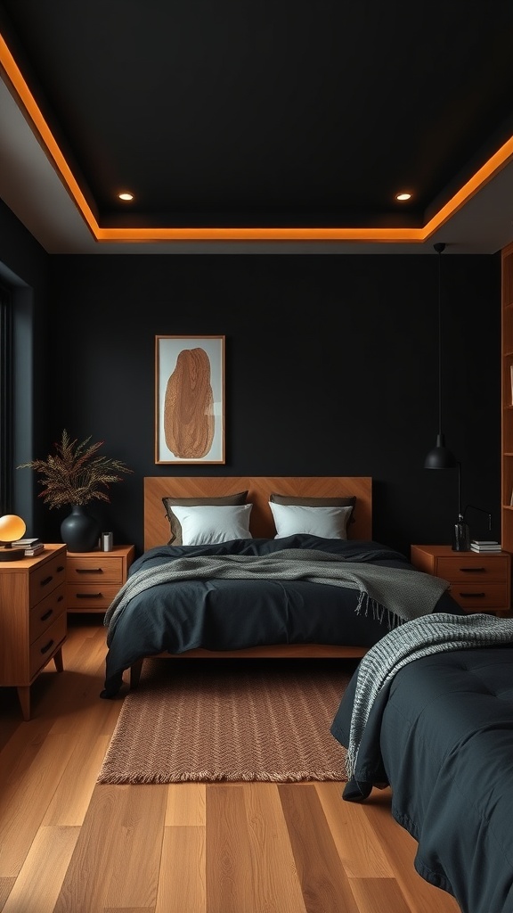 Cozy black bedroom featuring warm wood accents and soft textiles.