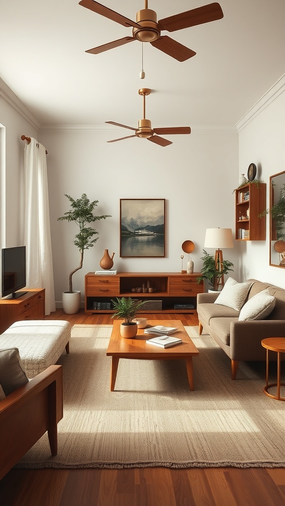 Cozy living room with warm wooden accents and earthy tones.