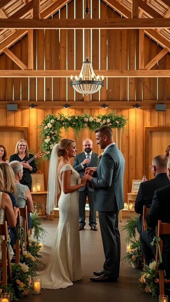A couple exchanging vows in a rustic barn setting, surrounded by guests and floral decorations.