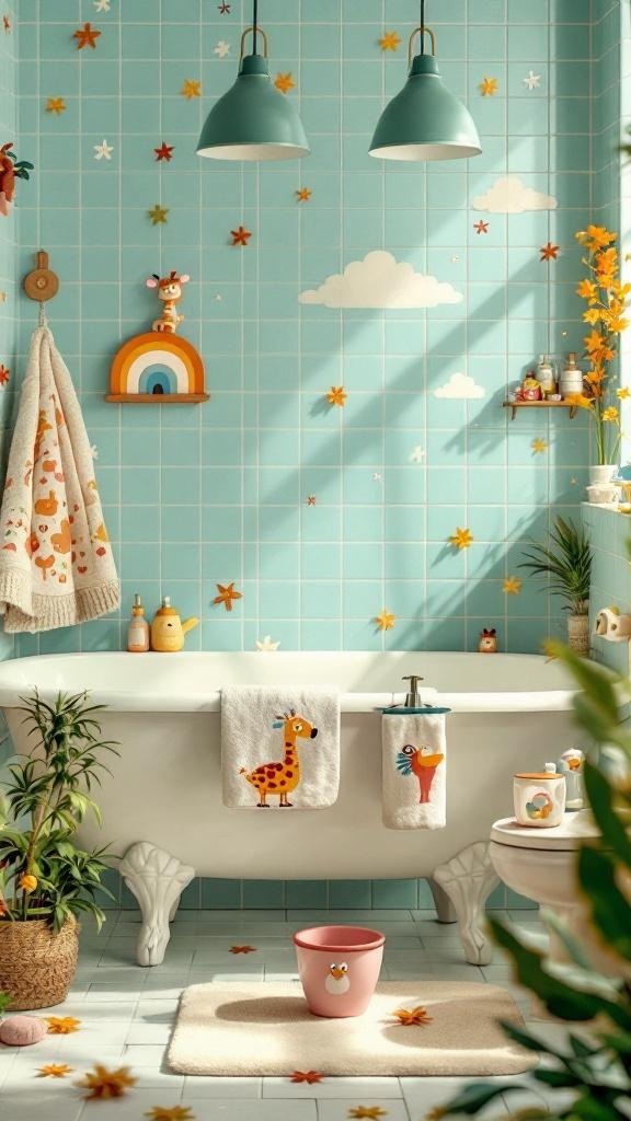 A colorful bathroom with whimsical decorations and accessories, including animal-themed towels and playful decor.