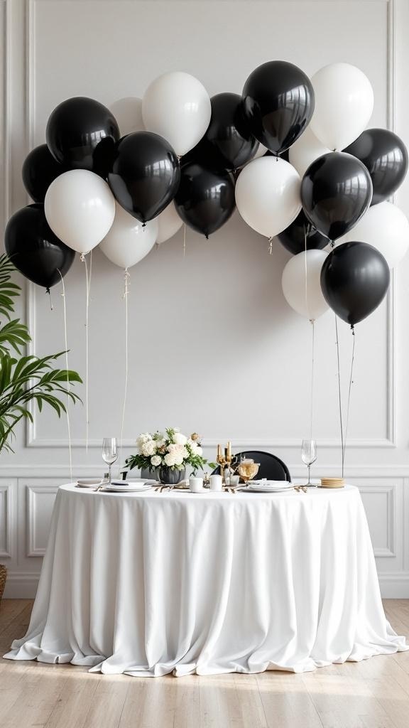 A wedding reception table adorned with black and white balloons.