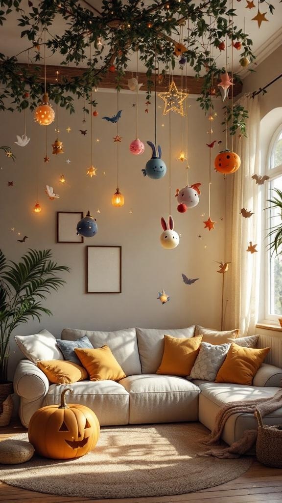 A whimsical living room with hanging lights and colorful ornaments from the ceiling.