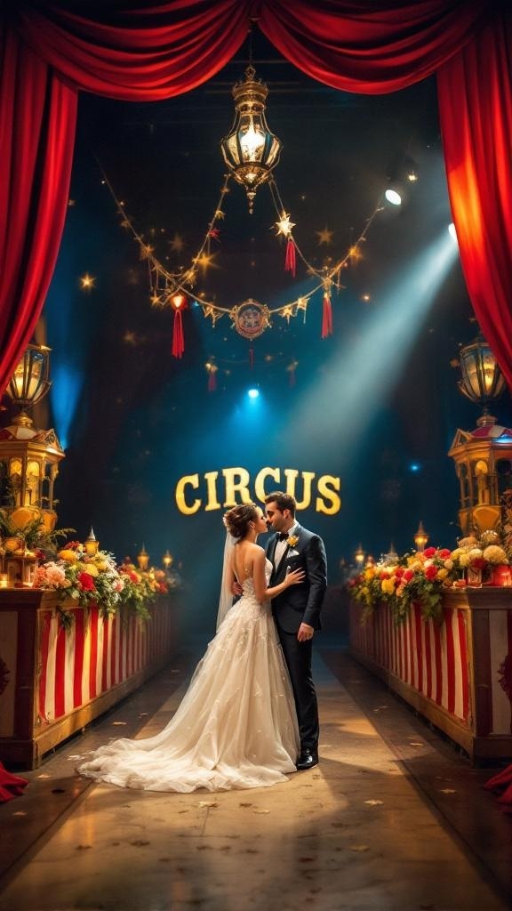 A couple in wedding attire stands in a circus-themed setting with vibrant decorations and a 'CIRCUS' sign.