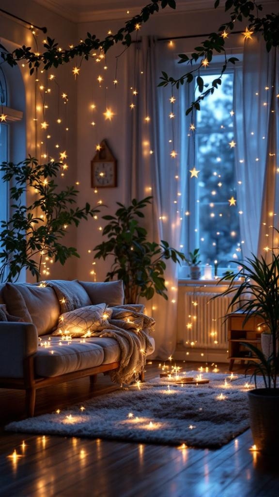 A cozy living room decorated with fairy lights, plants, and a comfortable sofa.
