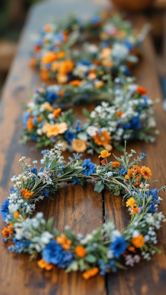 Colorful flower crowns made of blue and orange wildflowers on a wooden table.
