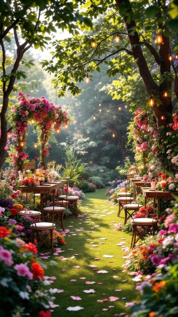 A beautiful garden setting with colorful flowers, tables, and string lights.