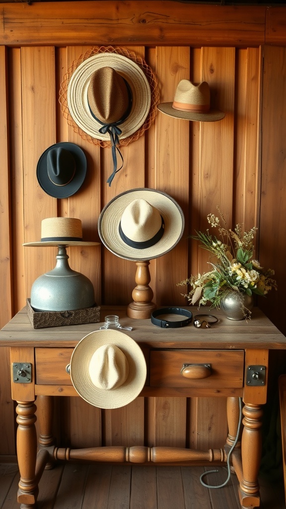 A rustic hat station with various hats displayed on a wooden shelf, creating a charming and inviting atmosphere.