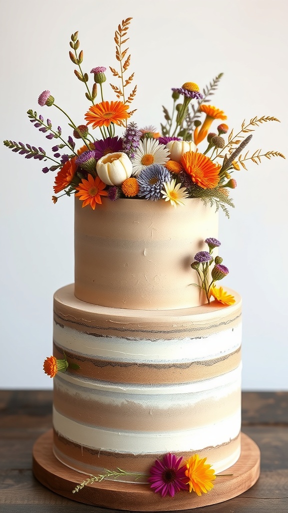 A whimsical khaki wedding cake decorated with dried wildflowers.