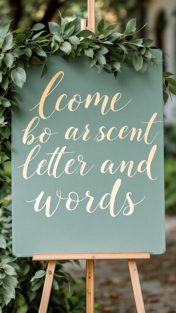 Sage green wedding sign with gold lettering and greenery.