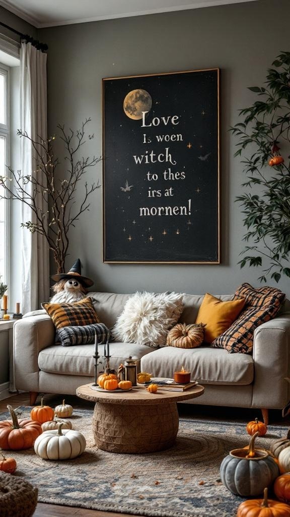 A cozy living room decorated with seasonal items like pumpkins, a comfy couch, and warm colors.