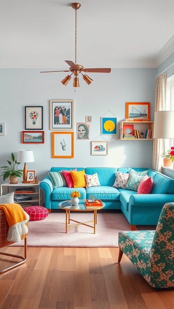 A bright turquoise sofa in a cozy living room with colorful decor and art on the walls.