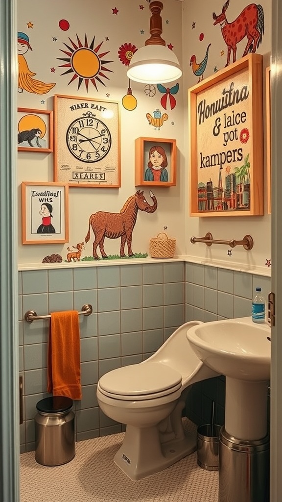 A colorful 70s-inspired bathroom featuring whimsical wall art with birds, cacti, and decorative frames.