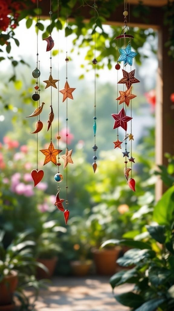 Colorful wind chimes hanging in a garden setting