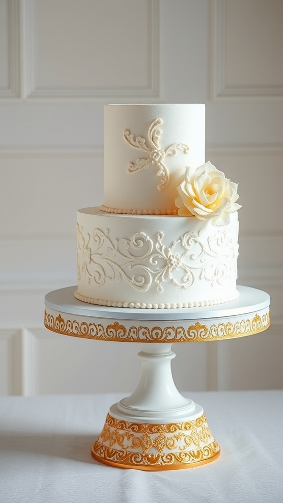 A white cake stand with gold details holding a beautifully decorated wedding cake.