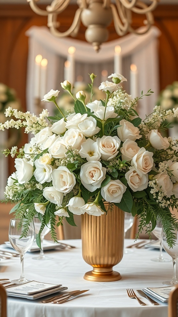 A beautiful arrangement of white flowers in a gold vase on a wedding table.