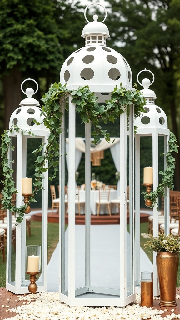 White lanterns decorated with greenery, set up for a wedding ceremony.