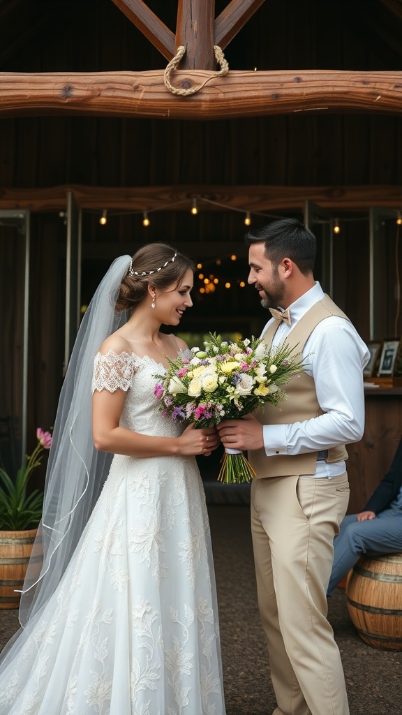 A bride and groom holding a wildflower bouquet in a rustic barn setting.
