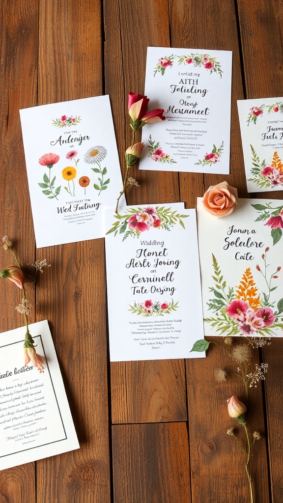 A collection of wildflower-themed wedding invitations displayed on a wooden surface.