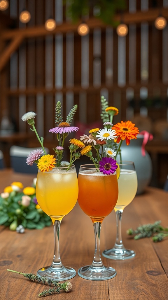 Colorful cocktails with wildflowers in a rustic setting