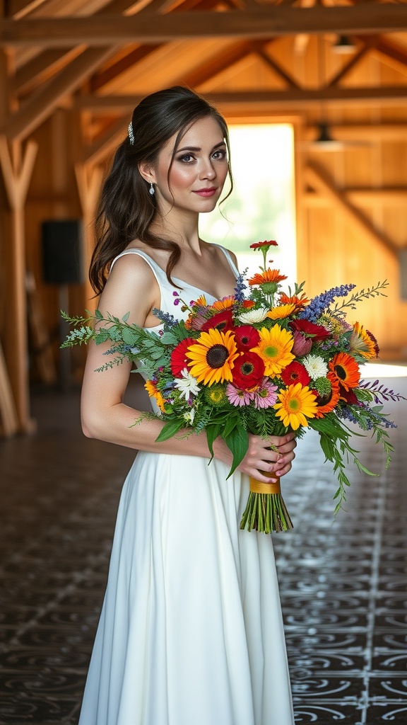 A bride holding a vibrant wildflower bouquet in a rustic barn setting.